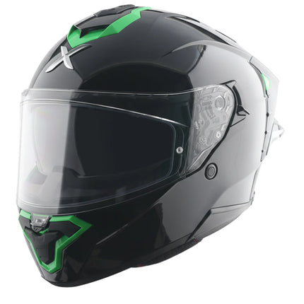 Axor Brutale Corsa Black Green Helmet front view full face dual spoiler design