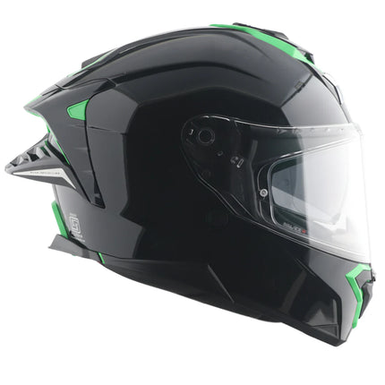 Axor Brutale Black Green Helmet side profile aerodynamic dual spoiler helmet