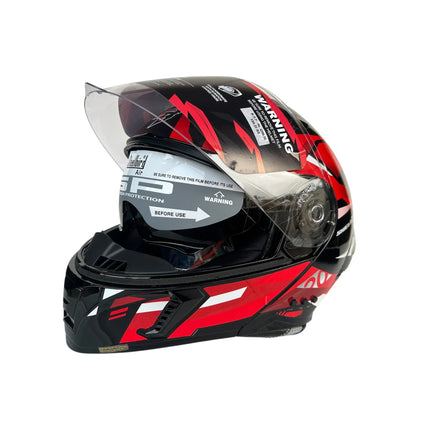 Black and red motorcycle helmet with clear visor on a white background SBA 20