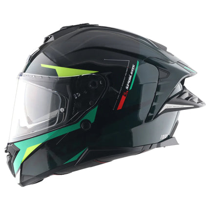 Axor Brutale Black Green Helmet side profile aerodynamic dual spoiler helmet