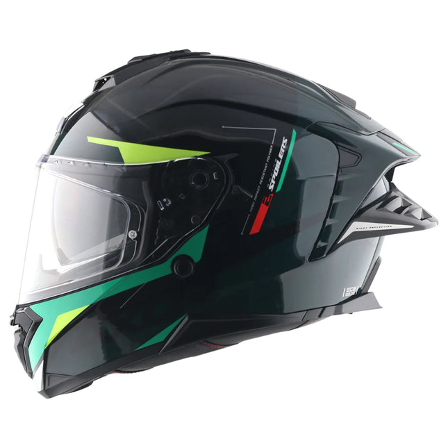 Axor Brutale Black Green Helmet side profile aerodynamic dual spoiler helmet