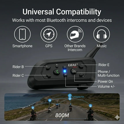 Ejeas V6 Pro + Helmet Bluetooth Intercom universal compatibility