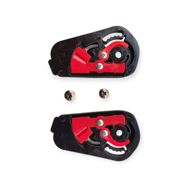 Studds Helios helmet side mechanism kit showing black plates with red internal levers