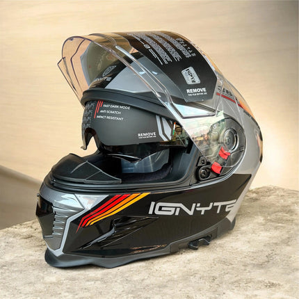 IGNYTE (IGN-16) Full Face Dual Visor Helmet - (Glossy Titanium Grey Orange Red) - ISI DOT Certified IGNYTE