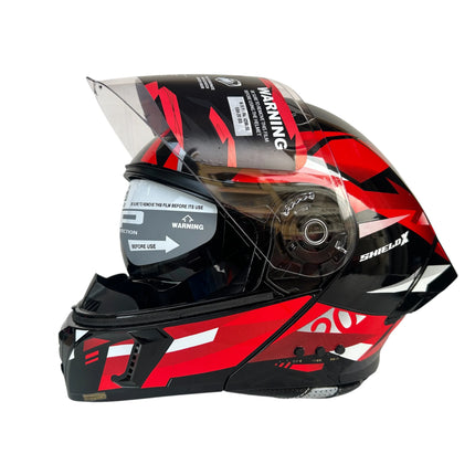 Motorcycle helmet with red and black design on a white background SBA 20 FLIP UP
