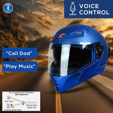 Blue motorcycle helmet with voice control features against a blurred road and sunset background