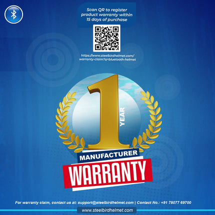 1-year manufacturer warranty badge with QR code on a blue background