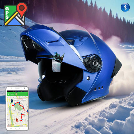 Blue motorcycle helmet with GPS and Bluetooth icons on a snowy background