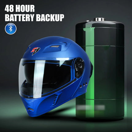 Blue helmet with battery backup feature on a dark background