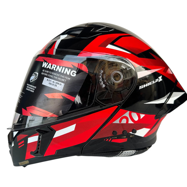 SBA 20 BLUETHOOTH Red and black motorcycle helmet with clear visor on a white background