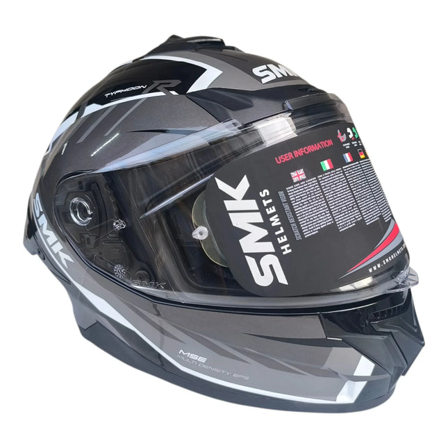 SMK Typhoon Aerot Glossy Grey White Helmet Side View dual spoiler