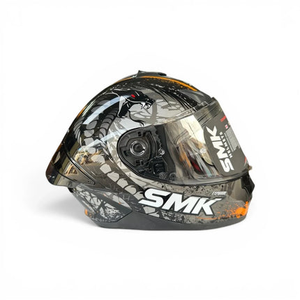 SMK Typhoon Reptile Glossy Black Orange Helmet right side view with Reptile graphics