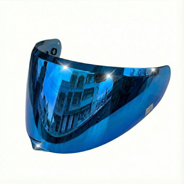 Steelbird SBA-20 helmet visor in reflective chrome blue finish, reflecting city buildings.
