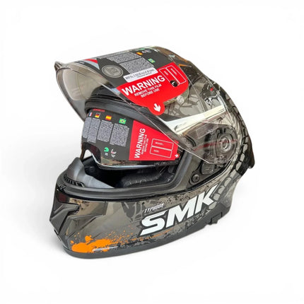Top view of SMK Typhoon Reptile Glossy Black Orange Helmet graphics