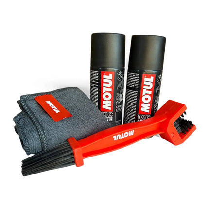 Motul Chain Care Combo – 150ml Chain Lube + 150ml Chain Clean With Chain Cleaning Brush & Microfiber Cloth - Riders India