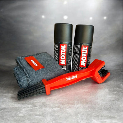 Motul Chain Care Combo – 150ml Chain Lube + 150ml Chain Clean With Chain Cleaning Brush & Microfiber Cloth - Riders India