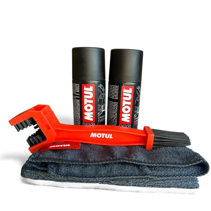 Motul Chain Care Combo – 150ml Chain Lube + 150ml Chain Clean With Chain Cleaning Brush & Microfiber Cloth - Riders India