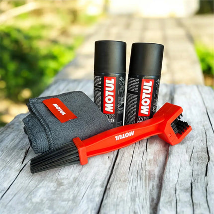 Motul Chain Care Combo – 150ml Chain Lube + 150ml Chain Clean With Chain Cleaning Brush & Microfiber Cloth - Riders India