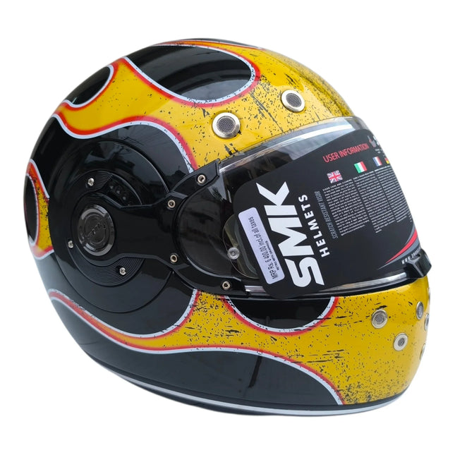 Pinlock 70-ready visor on SMK Retro Inferno Glossy Black Yellow Red Helmet