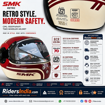 SMK Retro 7 Full Face Helmet (GL130) Glossy White Red | Pinlock 70 Ready