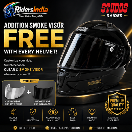Studds Raider Glossy Black Helmet - With Free Smoke Visor - ISI Certifide