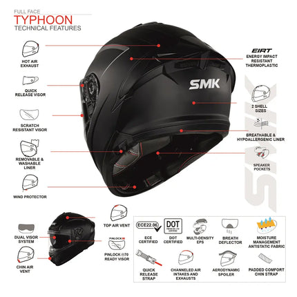 SMK Typhoon Full Face Motorcycle Helmet DOT ECE Certified technical specifications