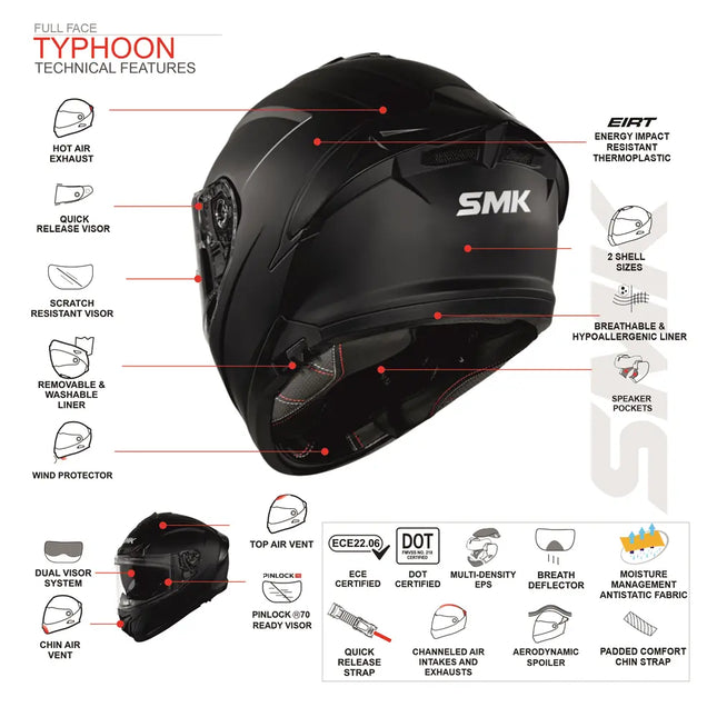 SMK Typhoon Full Face Motorcycle Helmet DOT ECE Certified technical specifications