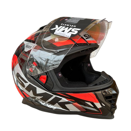 SMK NOVA TRACK GL263 FULL FACE HELMET - Glossy Grey red cross view with visor lifting
