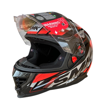 SMK NOVA TRACK GL263 FULL FACE HELMET - Glossy Grey red cross view with visor lift