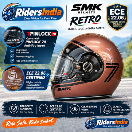 SMK Retro 7 Matt Black Copper Helmet - MA720 - Pinlock 70 - ECE 22.06 Certified